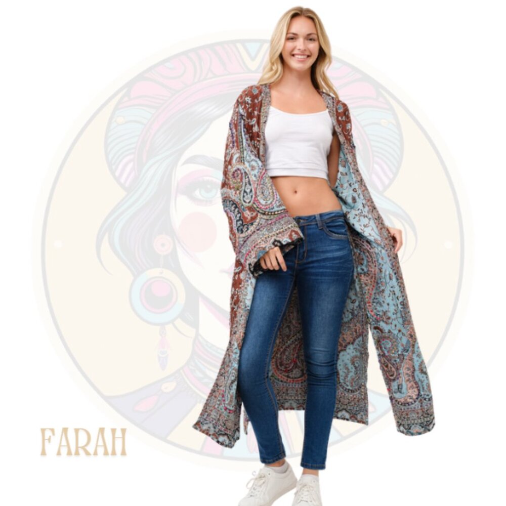 FARAH Blue Paisley Duster Thick Stitch Embroidered Duster